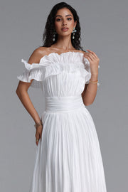 Suku Elegant Flowy Off Shoulder Ruched White Maxi Dress